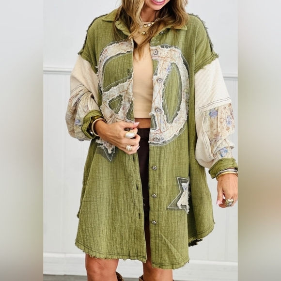 POL Jackets & Blazers - POL Olive Multi-Star Peace Patcg Button-Up Shacket. SZ L NWOT